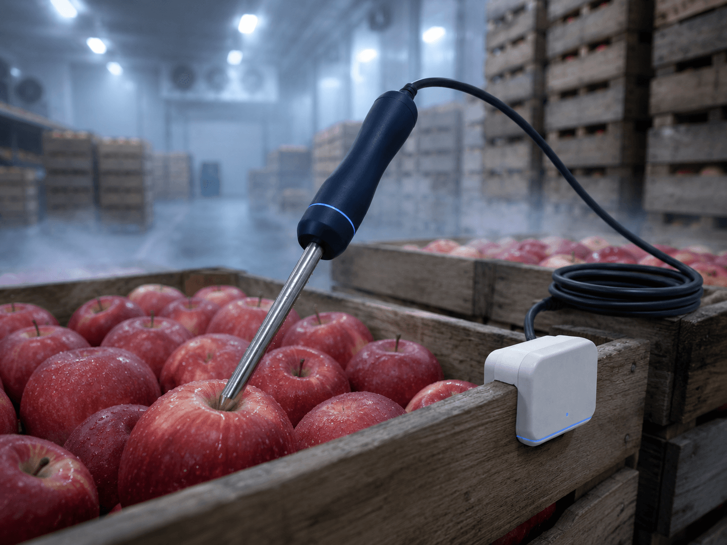 A stainless pulp probe inserted deep into an apple inside a cold-store crate, its coiled cable running to a small white transmitter puck.
