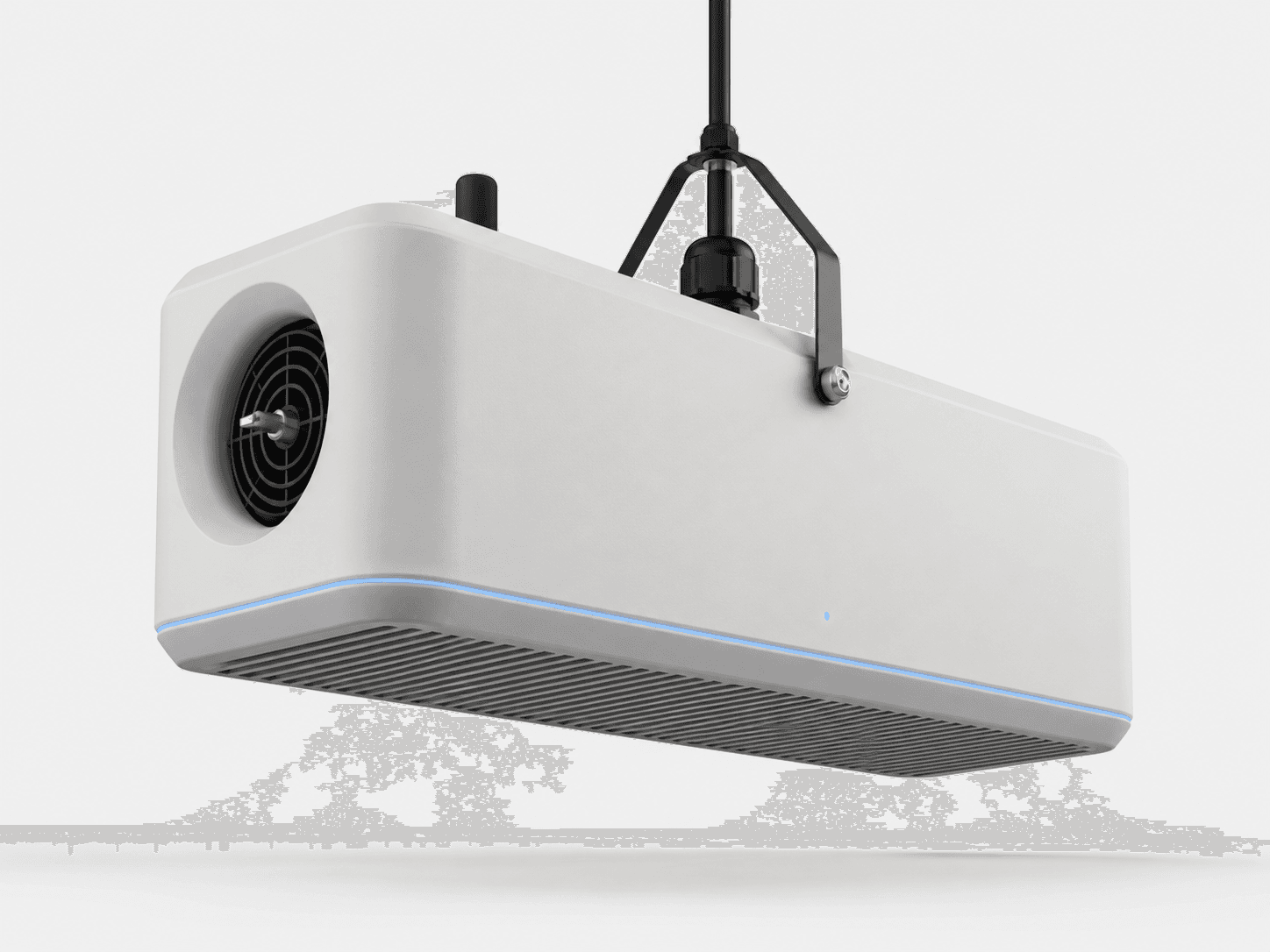 Matte warm-white aspirated climate measuring box with a circular intake grille and thin electric-blue accent line.
