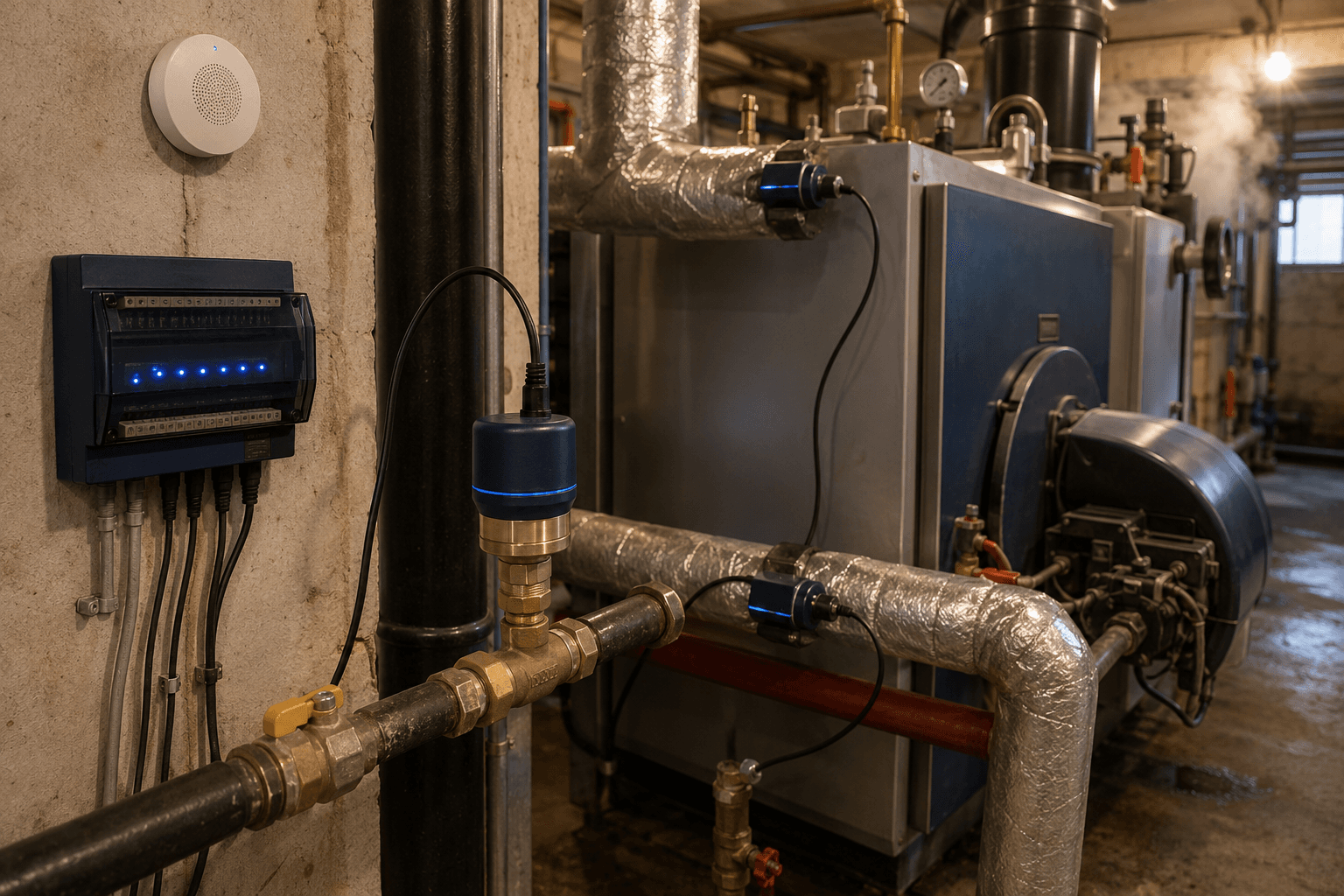 A greenhouse boiler room with strap-on pipe sensors, a gas-pressure transducer teed into the gas line and a navy interface module with lit LEDs.