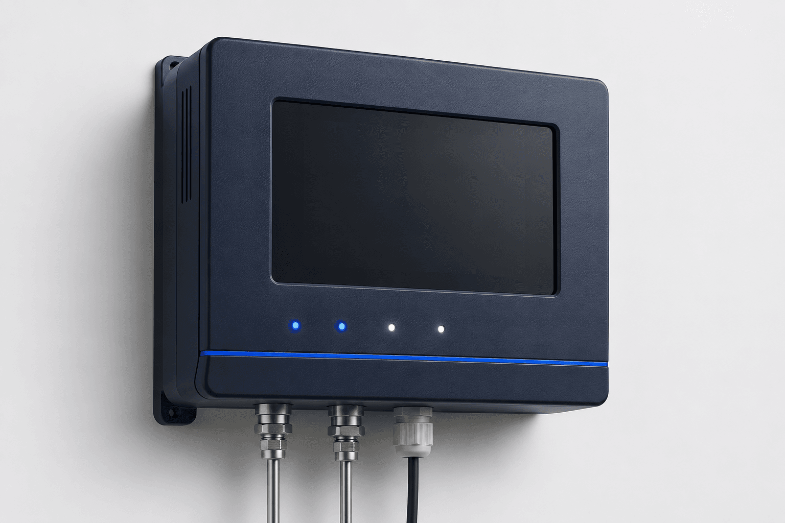 A wall-mounted navy controlled-atmosphere gas analyzer with a dark glass panel, four status LEDs and two stainless sampling tubes.