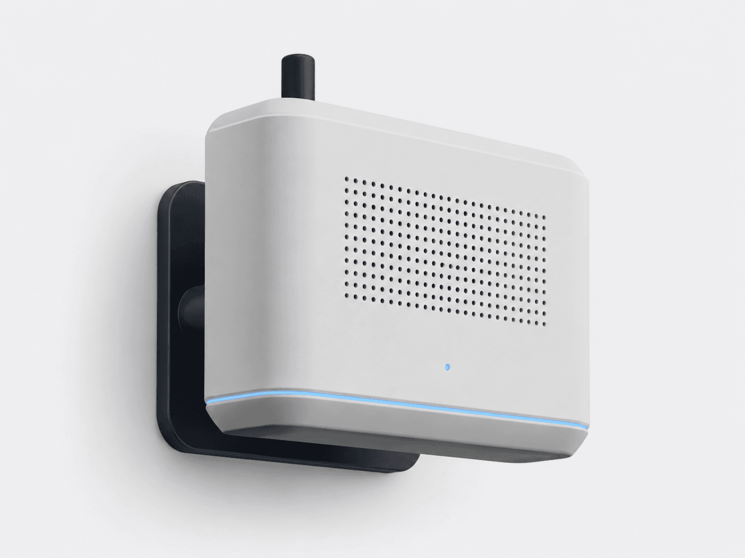 Compact warm-white CO2 and air-quality sensor module with a fine perforated front face on a slim navy bracket.