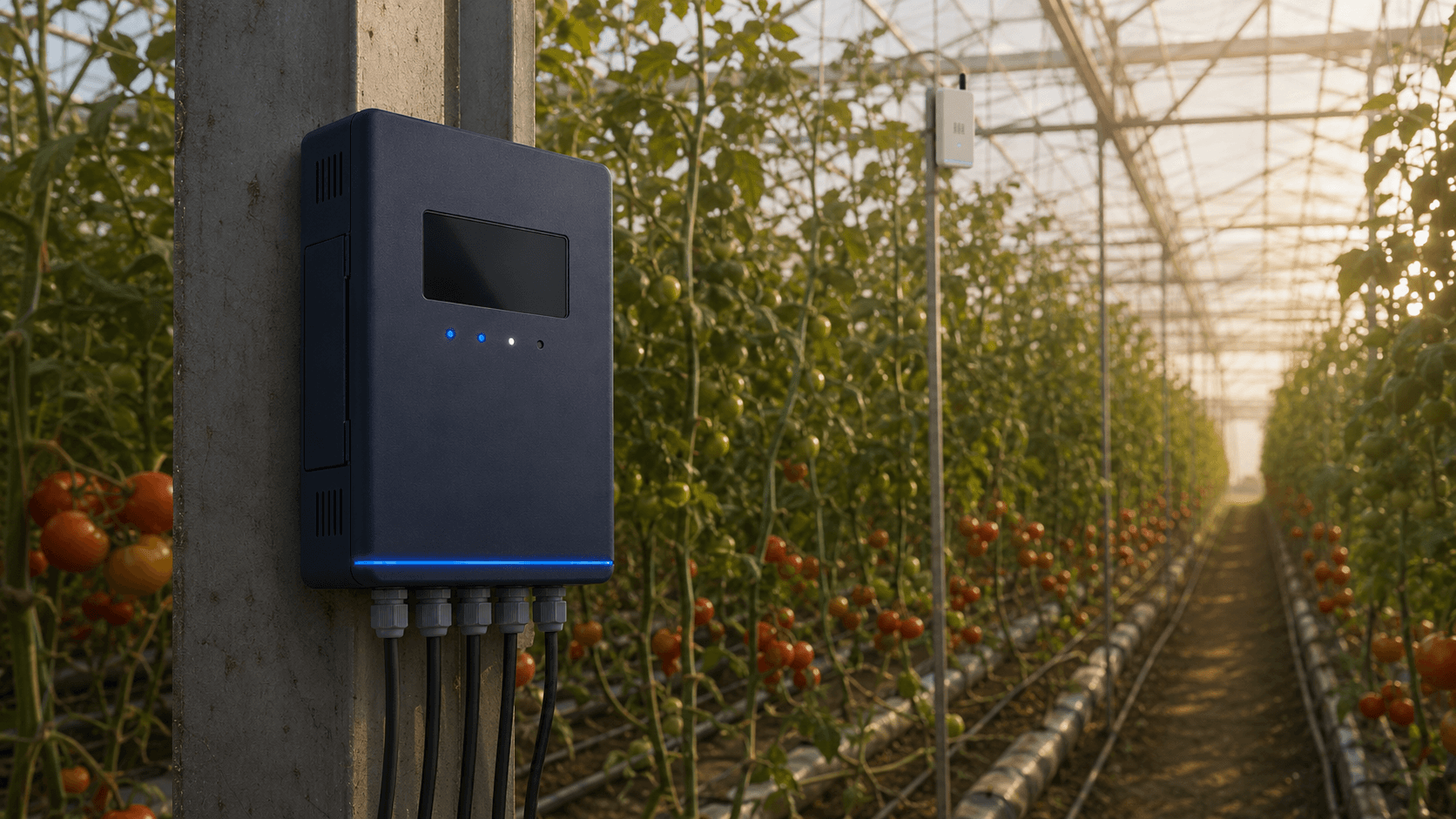 The Rovion controller mounted on a post inside a greenhouse among the crop rows.