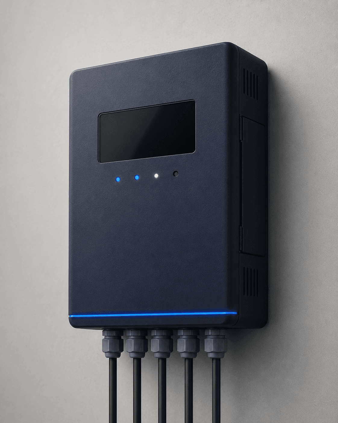A wall-mounted navy Rovion control module with a dark glass panel and the signature blue accent line.