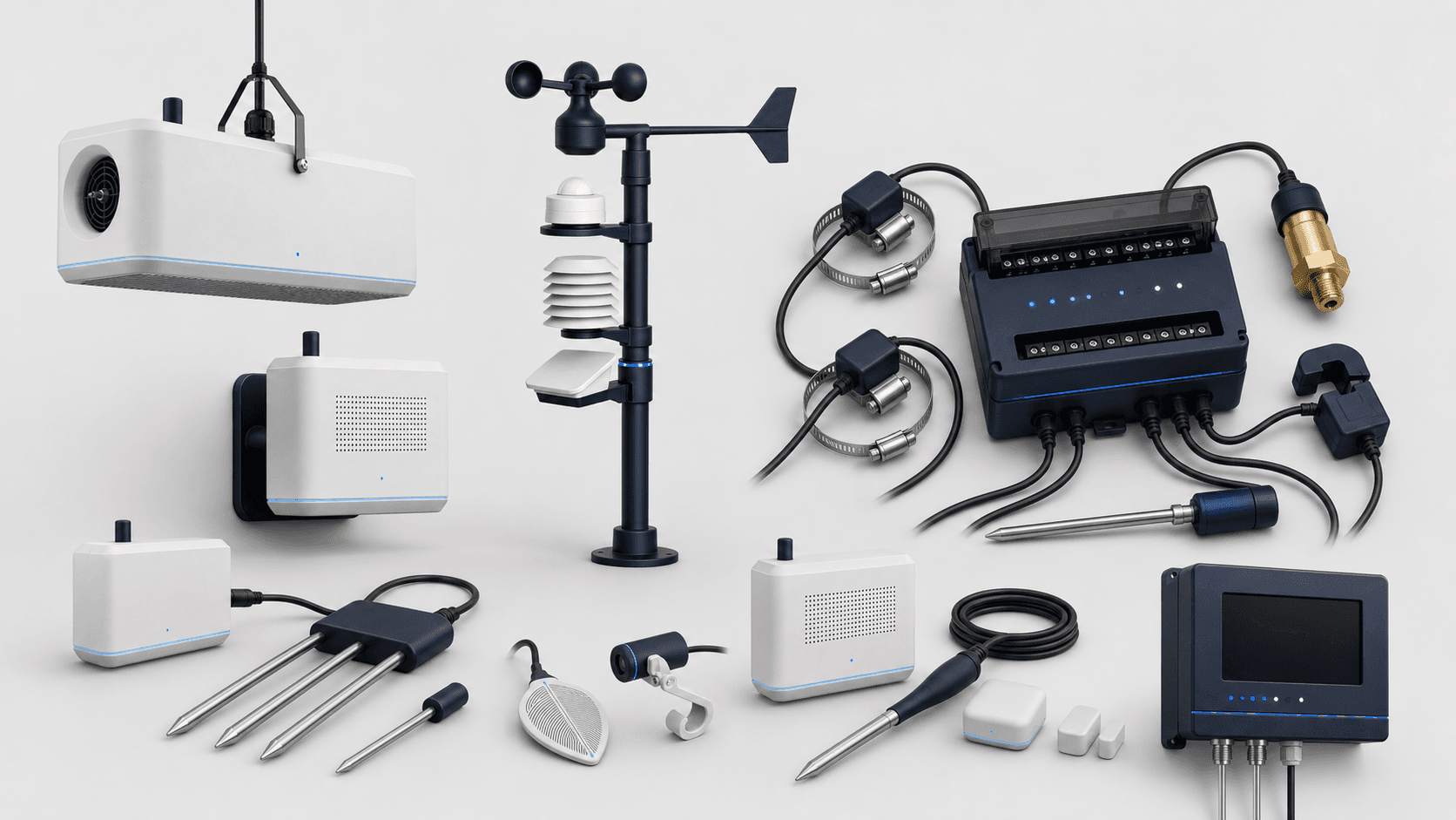 The Rovion sensor family — aspirated climate box, weather station, controller, probes and cold-store kit arranged as one product lineup.