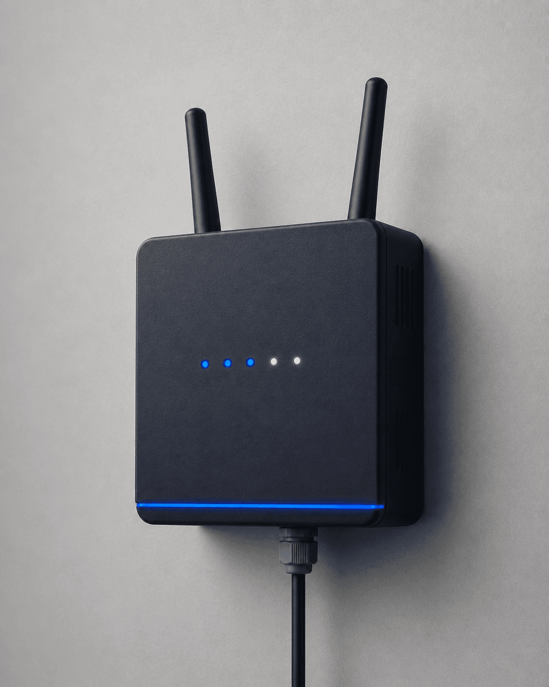 A navy Rovion gateway hub device with status LEDs and the blue accent line.