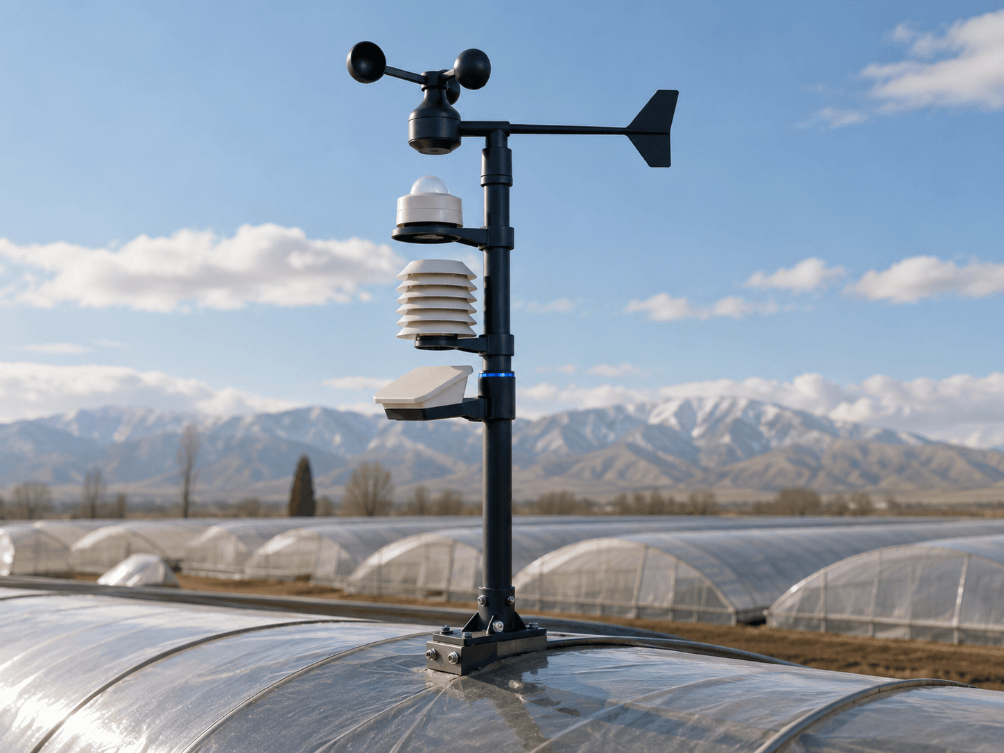 The weather station mounted on a mast above the ridge of a plastic-film greenhouse with mountains on the horizon.