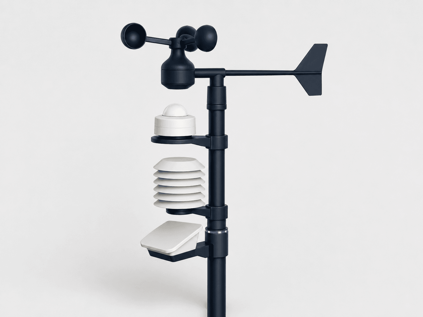 Compact weather station on a navy mast with a cup anemometer, solar radiation sensor, louvered radiation shield and rain detector.