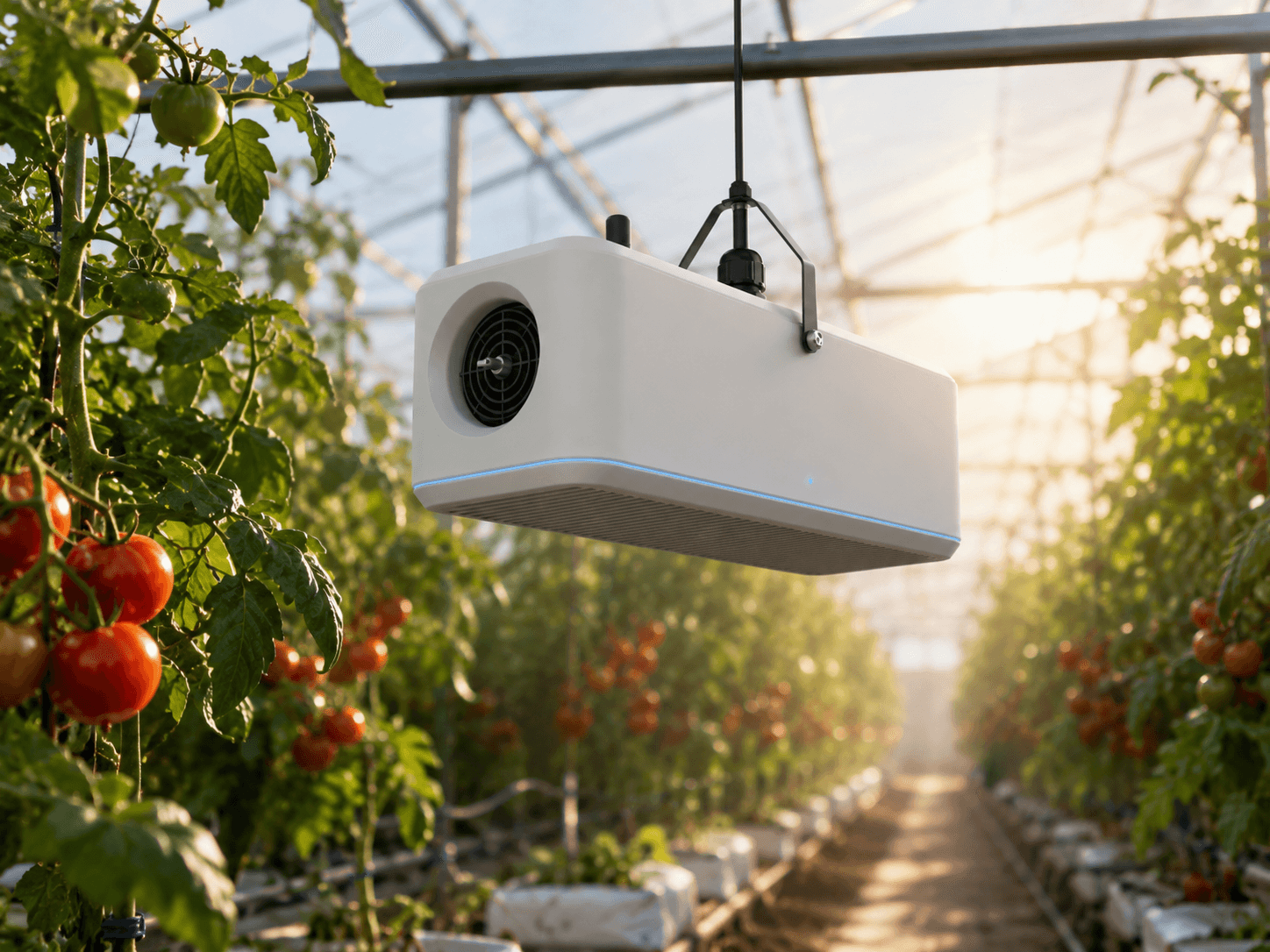 The aspirated climate box hanging between rows of tomato plants inside a greenhouse in morning light.